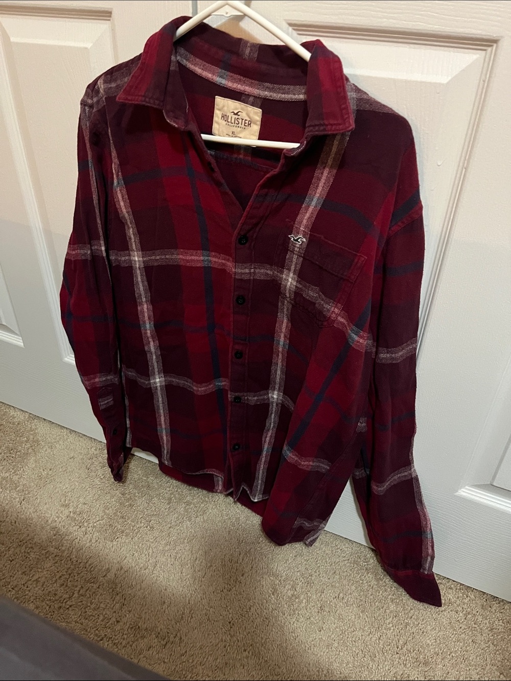 Hollister Red and Navy Plaid Long-Sleeve Button-Down Shirt